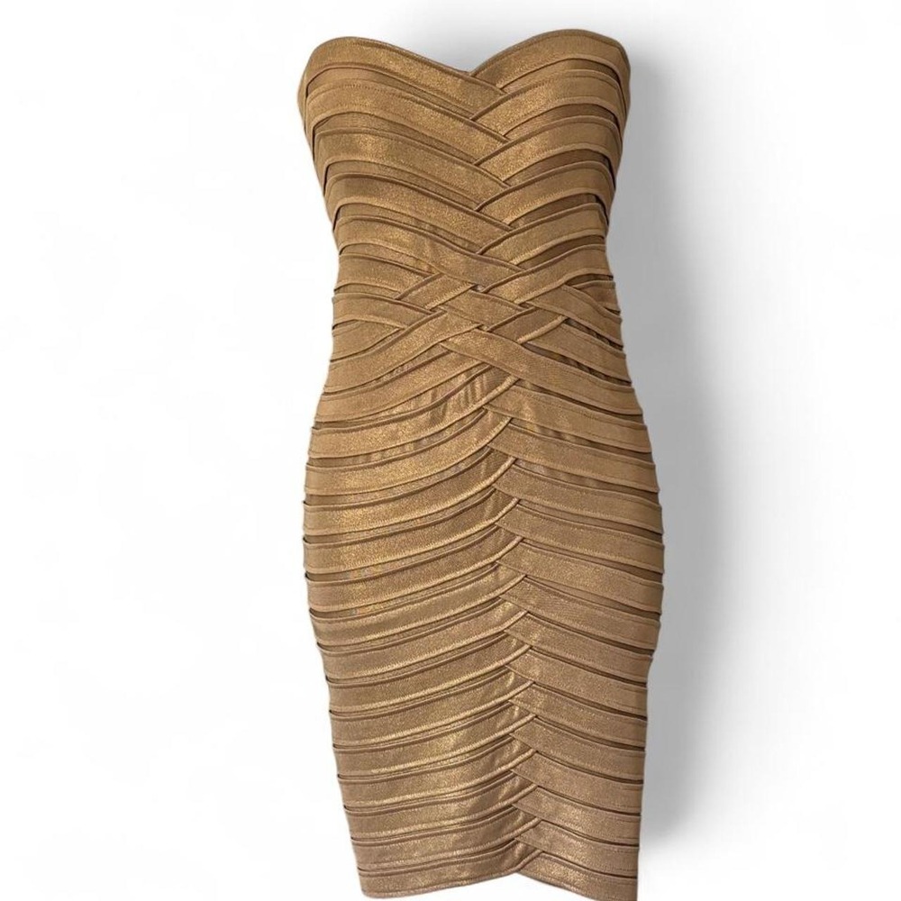 BCBG Max Azria Gold Ribbon Bandage Metallic Strapless Cocktail Dress SZ XS